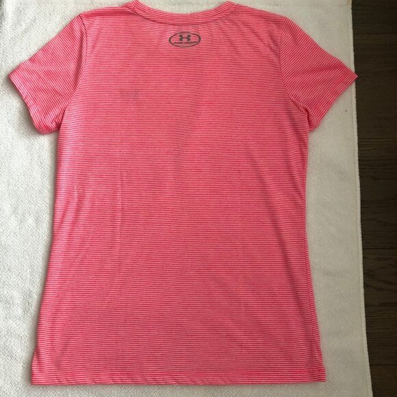 Under Armour Heat Gear Activewear Short Slv Crew Neck Stripe Top Pink Wht Sz XS - Picture 3 of 8